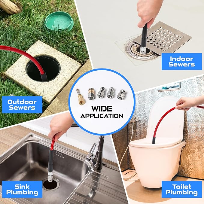Sewer Jetter Kit for Pressure Washer, 50FT 5800 PSI Drain Cleaner Hose with 1/4" NPT Corner, Rotating and Button Hose Sewer Jetting Nozzle, Waterproof Tape, Pearl Corsage Pin, Spanner, Glove