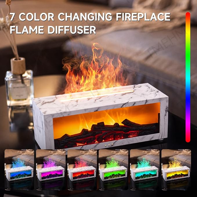 TMEHM Fireplace Flame Essential Oil Diffuser Humidifier, Aromatherapy | Ultrasonic Mist with 7 Colors and Timer for Home, Bedroom, Office, and Yoga
