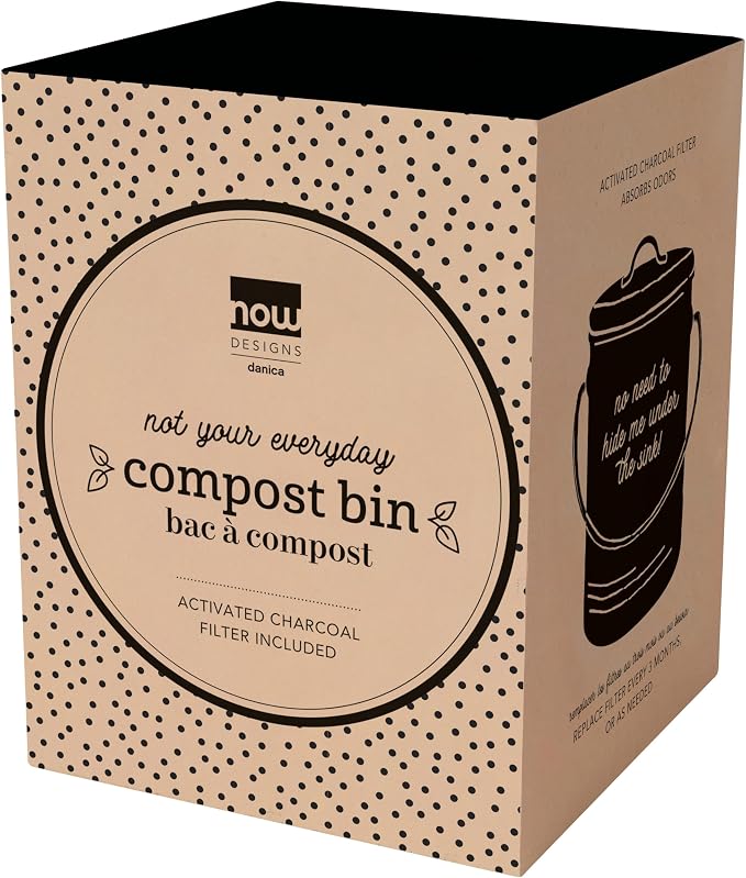 Now Designs Compost Bin Green Powder Coated Steel with Charcoal Filter, 8.5 inches high,1.25 Gallon