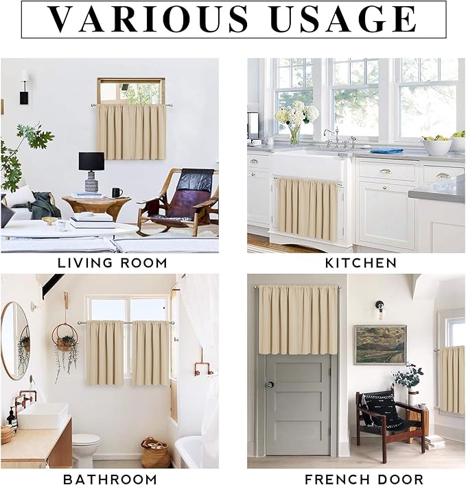 RYB HOME Small Window Curtains Blackout - Privacy Energy Saving Insulating Curtains Blinds for Bedroom Bathroom Basement Kids Nursery Kitchen, W 34 x L 48 inches, Biscotti Beige, 2 Panels