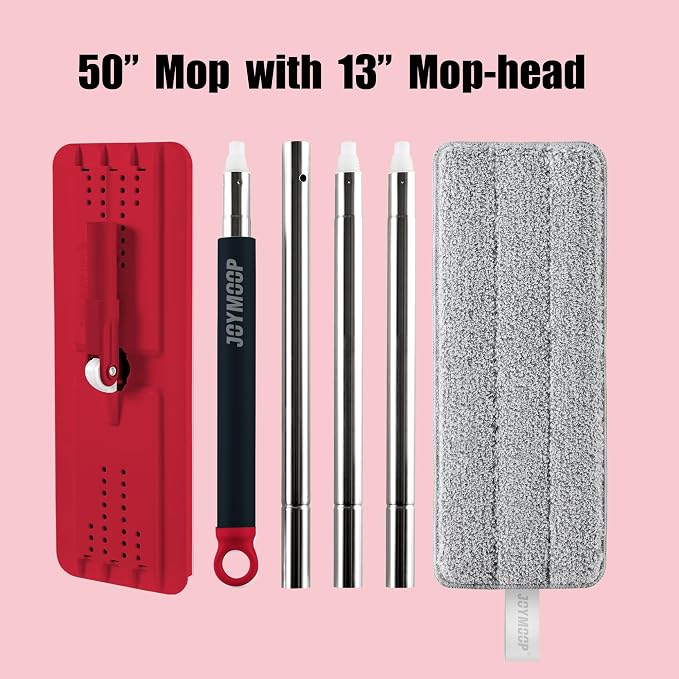 JOYMOOP Flat Mop, Microfiber Mop Head for Floor Cleaning, 50" Handle with 13" Flat Head, Black & Red