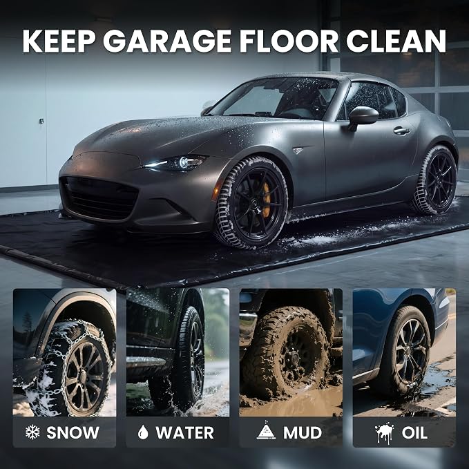 7'9" x 14' Garage Floor Mat, 610GSM PVC Containment Mat for Cars | Heavy-Duty, 1.2in Raised Edges, Waterproof Garage Protection, Non-Slip Design, Easy Hose Clean, Kit with Squeegee