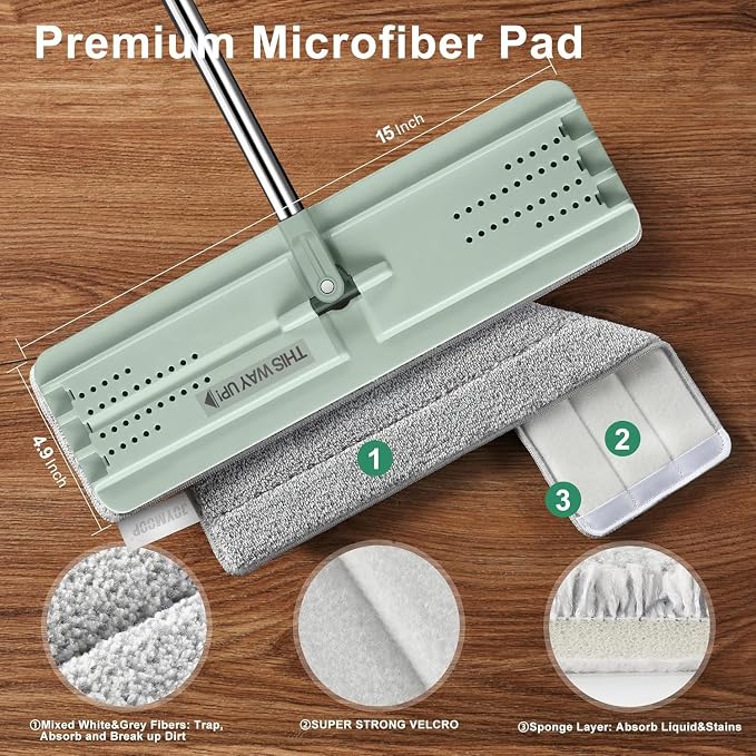 JOYMOOP Flat Mop Replacement Set, Microfiber Cleaning Head with 60" Handle and Flexible 15" Frame, Green, for Floor and Wall Cleaning