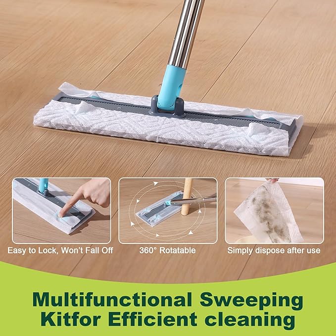 JOYMOOP Hands Free Multi Purpose Flat Mop, Dust Mop for Pet Hair and Floor, 72 Dry + 12 Wet Refills, Turquoise-Cyan & Muted Grey