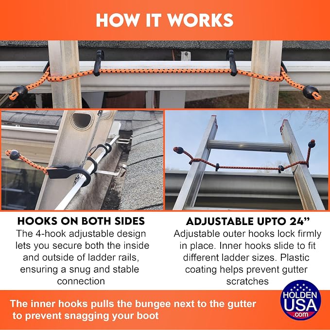 Holden USA - Adjust-A-Hook Ladder Bungee - Ladder Stabilizer Hook – Secure Ladder Safety Support for Roofs, Gutters, and Painting Prep – Durable Ladder Hook Attachment for Roofing and Gutter Work