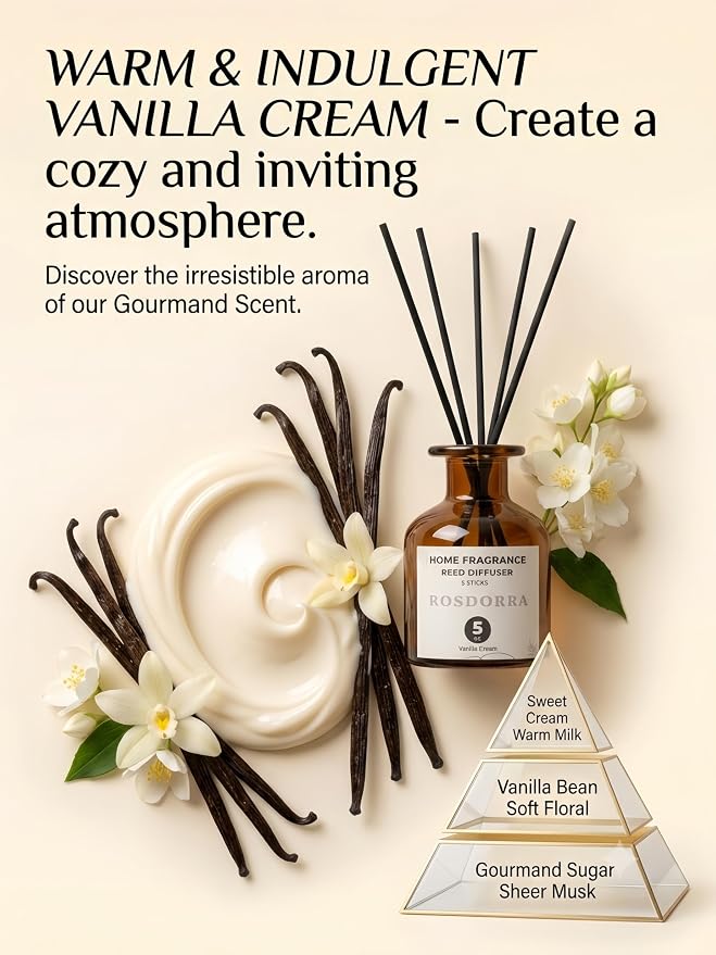 Reed Diffuser Set, 5oz, Vanilla Cream Cozy Scent | Home Fragrance w/5 Fiber Sticks, Rich Vanilla Cream Scent, 90-Day Diffusion, Pet-Safe Home Gift for Bath & Bedroom