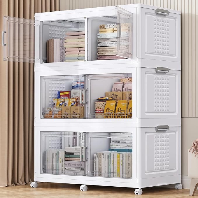 BROVIEW 52.7"H 150Gal Plastic Storage Bins with Lid & Wheels,3Pack Extra Large Stackable Storage Bins with Dividers,Closet Organizers and Storage Cabinet Collapsible Box Shelves for Home Kitchen,White