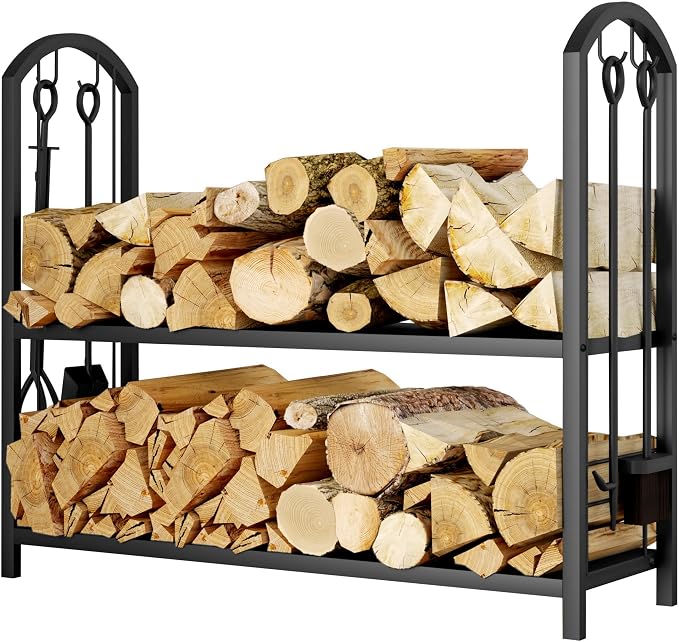 Fire Beauty Fireplace Firewood Log Rack 5-Piece Storage Logs Holder with Tools Set with 4 Tools Set Fireside Holders Wood Lumber Storage Stacking Black