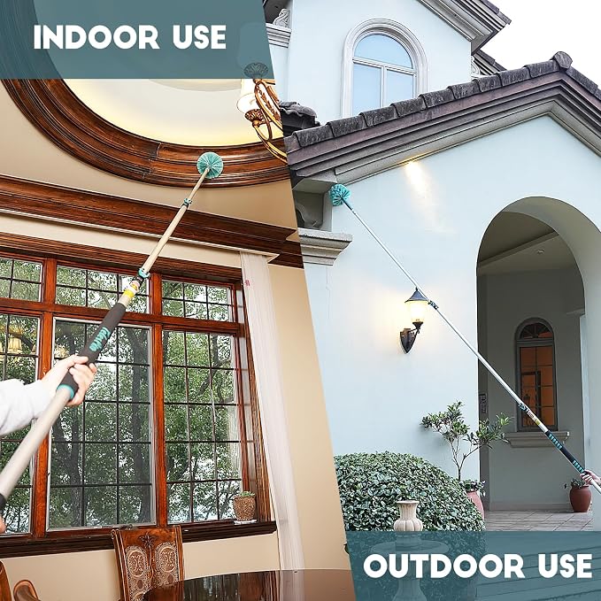 TelesPro 20 Feet High Reach Cobweb Duster with 5-12Ft Extension Pole, Webster Cobweb Duster with 3-Stage Telescopic Aluminum Pole, Spider Web Brush for Outdoor & Indoor Cleaning - Soft Bristles.