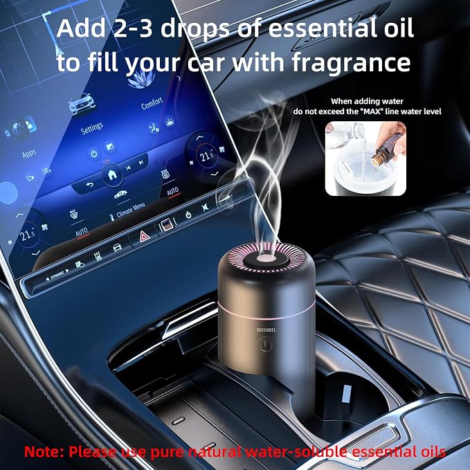 SEEDSEEL Car Aromatherapy Diffusers for Essential Oils，Mini USB Air Scent Small Humidifier with 7-LED Color Changing for Car Room Home Office Bedroom