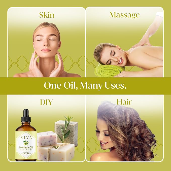 SIVA Moringa Carrier Oil, Glass Bottle with Dropper, 4 Fl Oz (118 ml) | Moringa Seed Oil for Face Care, Skin Care, Facial Oil, Hair Care, Scalp Massage, Body Massage, Dilution & DIY Beauty Blends