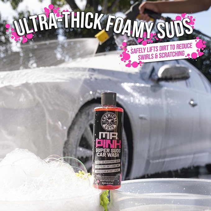 Chemical Guys, Mr. Pink Car Wash Soap 64 oz with Wash Mitt | High-foaming Mr. Pink car wash soap with a chenille microfiber wash mitt; slick, scratch-free washing for cars and trucks.