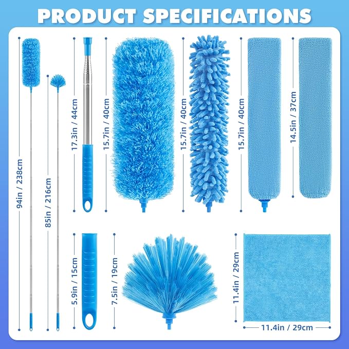 94'' Cobweb Duster with Extension Pole, Spider Web Brush | 10-in-1 Microfiber Duster Set, Bendable Duster of Cleaning Ceiling Fan Blades, Vents, and Outside