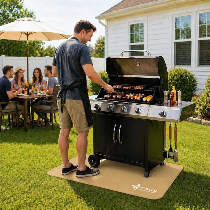 FLASLD Large Under The Grill Protective Deck and Patio Mat, 32 x 60 inches Oil-Proof, Fireproof Indoor Fireplace Mat Prevents Ember Damage Wood Floor, Khaki