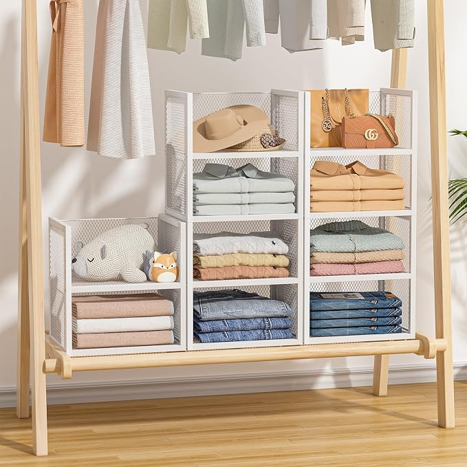 DAOUTIME 4-Tier Stackable Closet Organizers and Storage Basket, Wire Closet Shelf Organizer, Sweater Storage Oragnizer Bins, Multifunctional Clothes Storage Drawer Organizer for Wardrobe, White