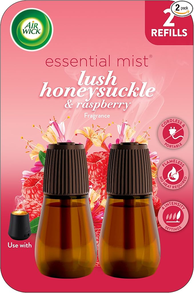 Air Wick Essential Mist Refill, 2 ct, Lush Honeysuckle & Raspberry, Essential Oils Diffuser, Air Freshener