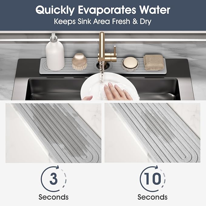 Quick Drying Stone Faucet Mat for Kitchen Sink - Diatomite Sink Mat Absorbing Stone Tray for Bathroom Counter, Sink Faucet Splash Guard Water Protector Matt for Kitchen Counter(Light Gray, 23.6"x3.9")