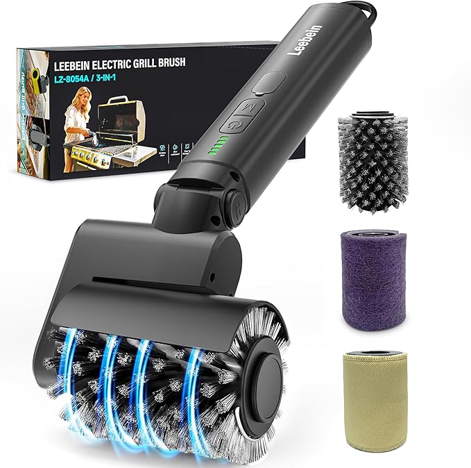 Leebein Electric Grill Brush for Outdoor, 2026 TikTok BBQ Grill Cleaner with 3 Heads, 3-Speed & Angle Adjust Cordless Rotary Grill Brush, 150Mins Runtime Grill Cleaning Brush for Barbecue Grates