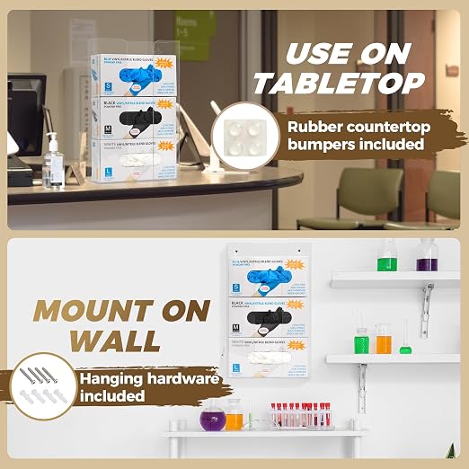Triple Glove Box Holder Dispenser - Kitchen, Medical, & Latex Glove Holder Wall Mount or Countertop, Universal Fit - Thick Acrylic, Easy to Use, Slide, & Load Open Top Design - Clear