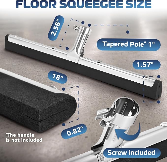 Uneven Surface Floor Squeegee 18’’, Double Foam Blade Garage Squeegee, Taper Pole Connection - Handle Sold Separately for Tiles, Concrete and Asphalt