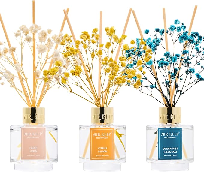 Reed Diffuser Set of 3,Fresh Linen Ocean Mist&Sea Salt Citrus Lemon Oil Reed Diffusers for Bedroom Living Room Office Aromatherapy Oil Reed Diffuser for Gift 50ml x 3