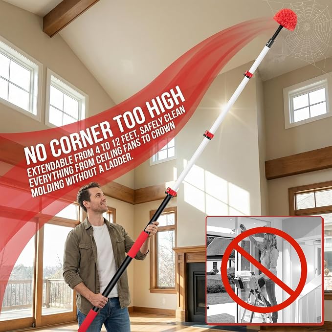 20FT High Reach Ceiling Duster Kit with 5-12ft Extension Pole – Fan & Cobweb Cleaner, Microfiber Feather Duster, 2-in-1 Window Squeegee, 270° Rotating Head, Reusable & Washable, Wall-Mount Rack