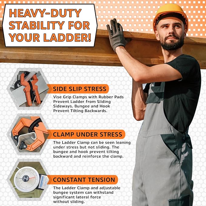 Holden USA - Ladder Clamp - Stabilizer Clip – Secure Safety Clamp for Roof, Gutters, and Wall Prep – Durable Support Cord for Roofing and Gutter Tasks (Pair / 2 Units) Mini Orange