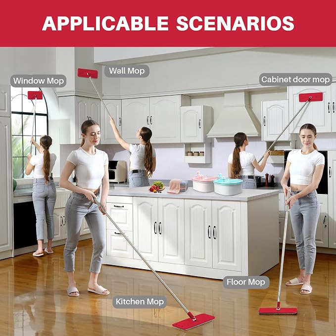 JOYMOOP Flat Mop, Microfiber Mop Head for Floor Cleaning, 50" Handle with 13" Flat Head, Black & Red