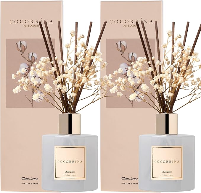 Reed Diffuser Set, 6.7 fl.oz Clean Linen 2 Packs Scented Diffuser with Sticks Home Fragrance Reed Diffuser for Bathroom Shelf Decor