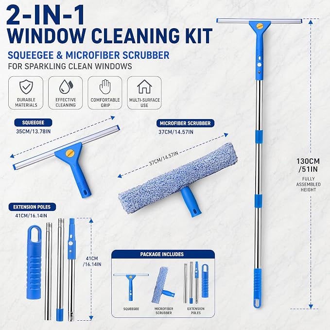 2-in-1 Window Cleaning Kit, Squeegee and Microfiber Cleaner with Adjustable 15.7–51.2 in Pole for Windows, Shower Glass, Mirrors and Car Windshields