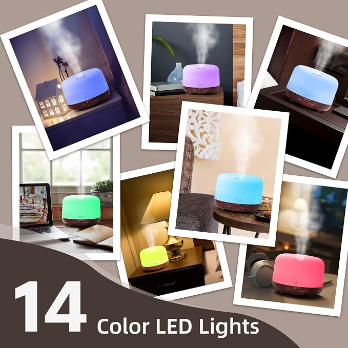 ASAKUKI Essential Oil Diffuser for Home, 500ML Aromatherapy Humidifier | with Remote Control, 7 Color LED Lights, Quiet Cool Mist Diffuser for Bedroom, Living Room, Office (Reddish-Brown)