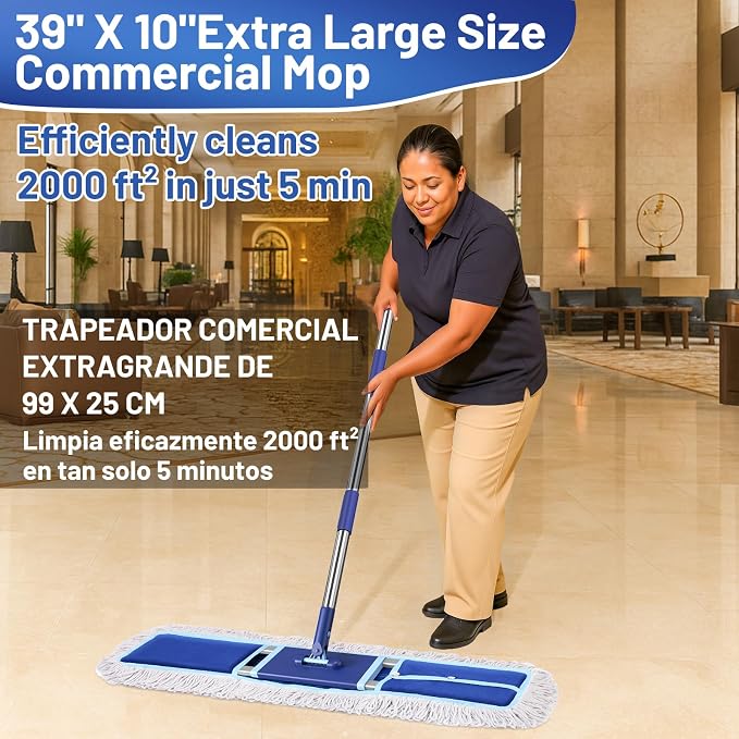 36" Commercial Dust Mop: Dust Broom for Hardwood Floors Cleaning | 2 Pcs Cotton Mop Pads, 59" Long Handle, Heavy Duty Frame, Industrial Professional Cleaning Supplies, Blue
