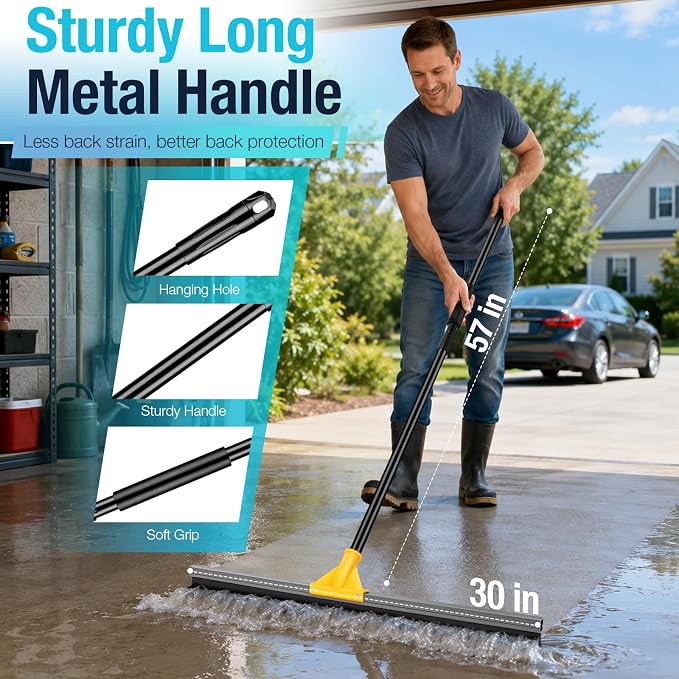 SOBONNE 30" Large Floor Squeegee Broom for Concrete Water Removal | Heavy Duty Double Rubber Water Squeegee/57" Long Handle for Tile Deck Bathromm Pool Warehouse Outdoor/Yellow