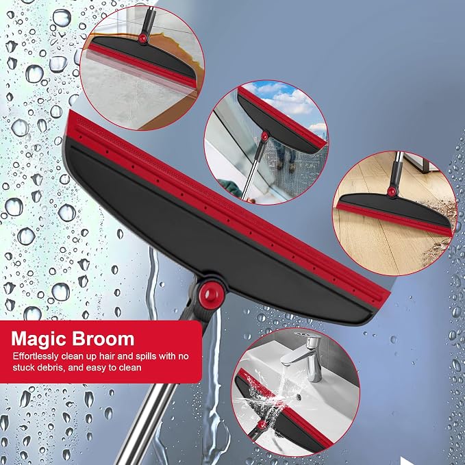 Broom and Dustpan Combo Set, 51" Long Handle with Silicone Squeegee | Wet & Dry Cleaning for Pet Areas, Built-in Comb Dustpan, Foldable Space-Saving Storage, Multi-Surface Floor Cleaning