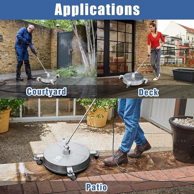 JANZ 16'' Pressure Washer Surface Cleaner | 4 Wheels, Stainless Steel Housing, 1/4''Quick Plug, 2 Extension Wands, 2 Replacement Nozzles and 3 Spray Nozzles,4000 PSI