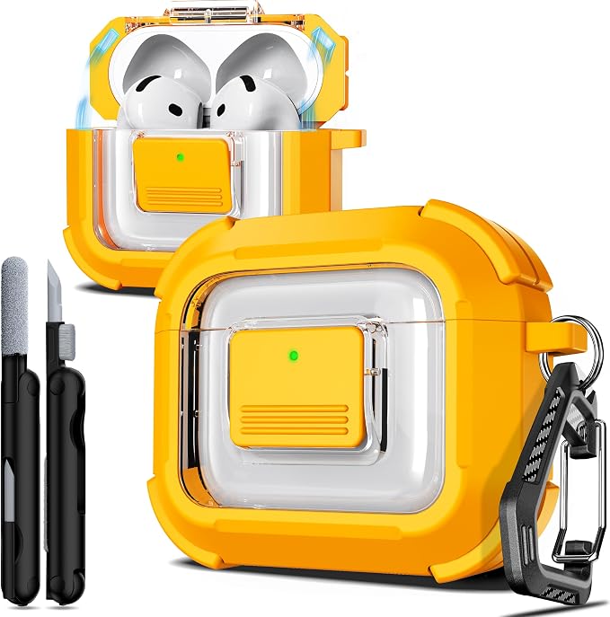 R-FUN for AirPods 4 Case with Lock Magnetic Lid MagSafe, Yellow | Compatible with Apple AirPods 4th Generation Protective Case with Cleaner Kit & Carabiner, Powerful Drop Protection