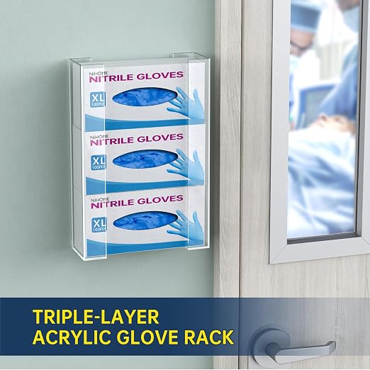 NiHome 3-Tier Clear Acrylic Glove & Tissue Box Holder Dispenser, Wall Mount | Space-Saving Glove Box Dispenser, Adjustable Organizer for Tissues, Baby Wipes, Adhesive or Screw Mount for Kitchen, Bathroom