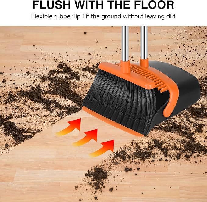 NACENA Broom and Dustpan Set, 52-in Long Adjustable Handle Broom Dustpan Combo with Dustpan Teeth to Automatically Clean Hair Suitable for Home Kitchen Office Hall Floor（Black&Orange）