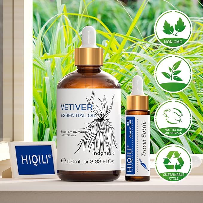 HIQILI Vetiver Essential Oil for Skin, Perfume, Aromatherapy | for Candle & Soap Making Scent, Add to Shampoo, Lip Balm, Unscented Lotion - 100 mL / 3.38 fl oz