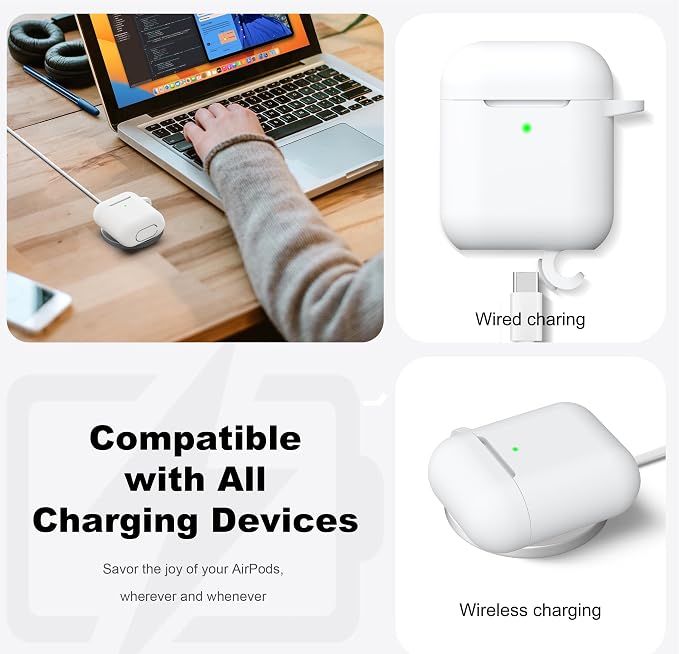 R-fun for AirPods 1/2 Case, Soft Silicone Protective Cover with Keychain and Cleaning Pen, Compatible with AirPods 2nd/1st Generation (2016/2019), Full Drop Protection Cover, White