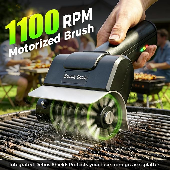 Electric Grill Brush, Cordless Automatic BBQ Power Cleaner | 100 Min Runtime, 304 Stainless Steel Bristles, Removable head, 1100 RPM High-Speed Motor