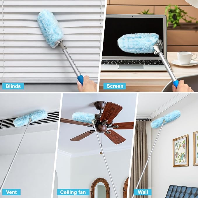 JEHONN Duster with 6 ft Extension Pole, 10 Refills Compatible with Swiffer Super Extendable Handle Heavy Duty Dusting Wand Starter Kit for Cleaning High Ceiling Fan Shelves Vent Window Blind