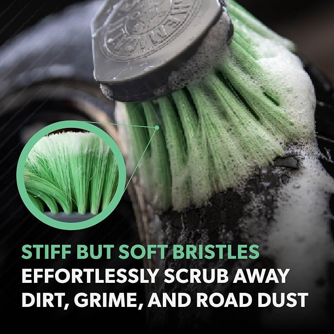 Chemical Guys, Wheelie Wheel & Exterior Brush for Rims & Tires, Soft, Green | Soft synthetic bristles clean rims, tires, grilles and emblems, safe on all wheel finishes with an easy grip
