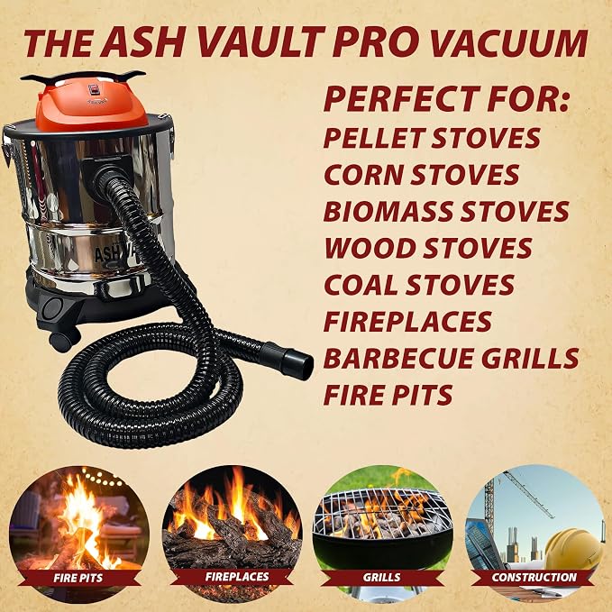 Pellethead Ash Vault Pro 10-Amp Ash Vacuum, 5-Gal, Dual HEPA | 10-amp ash vacuum with 5-gallon steel tank, Dual HEPA filtration and heat-resistant hose, For fireplaces, stoves, and BBQs