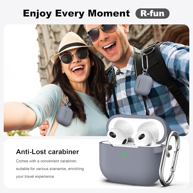 R-fun Compatible with AirPods 3 Case Cover, Silicone Protective Accessories Skin with Keychain Compatible with Apple AirPod 3rd Generation 2021 for Women Men Girls Boys,Front LED Visible,Dark Grey
