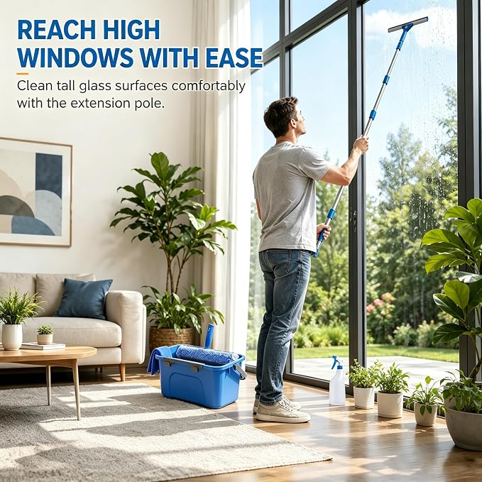 76“Professional Squeegee Window Cleaning Kit with Extension Pole | Streak-Free Silicone Blade,Smooth,Quiet Glide,Telescopic Handle for High & Hard-to-Reach Windows