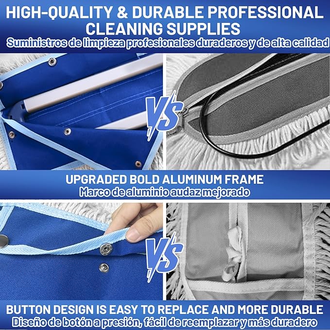 36" Commercial Dust Mop: Dust Broom for Hardwood Floors Cleaning | 2 Pcs Cotton Mop Pads, 59" Long Handle, Heavy Duty Frame, Industrial Professional Cleaning Supplies, Blue