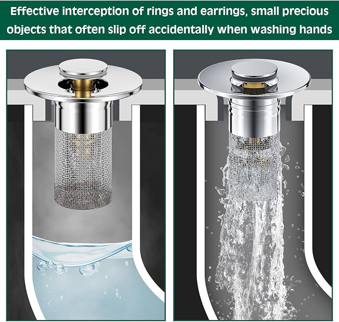 Vodolo 3 in 1 Sink Drain Strainer with Hair Catcher,2PCS Stainless Steel Popup Sink Stopper with Basket for Bathroom Kitchen Shower,Pop-up Bounce Core Floor Basin Drain Filter,Replacement Sink Plug