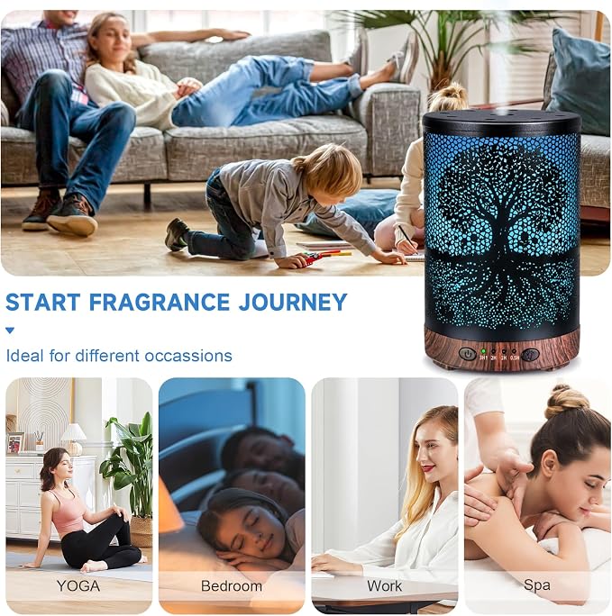 Essential Oil Diffuser 120ML Metal Aromatherapy Diffuser with Timer, Cool Mist Humidifier with Auto Shut-Off & 7 Color Lights for Home Office Spa (Life Tree)