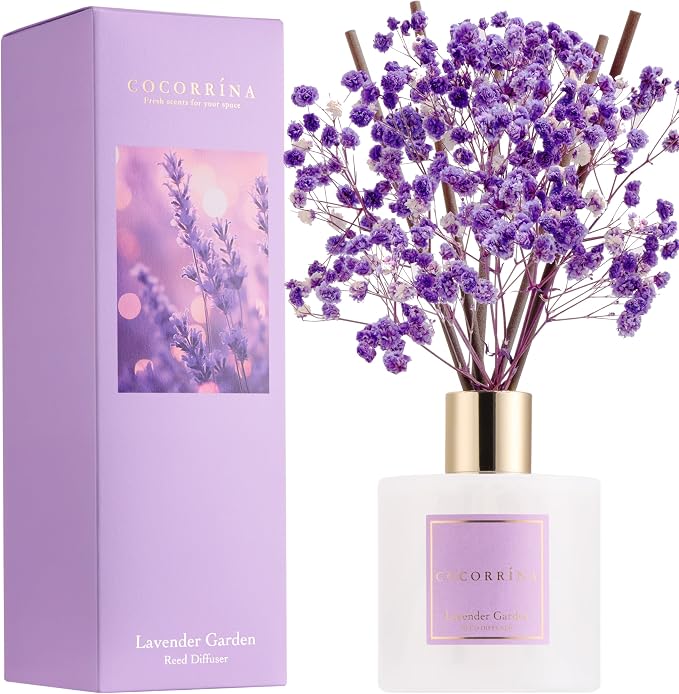Reed Diffuser - Lavender Garden 6.7 Fl.oz Reed Diffuser Set with Sticks & Preserved Baby's Breath, Reed Diffuser for Home Bathroom Shelf Decor